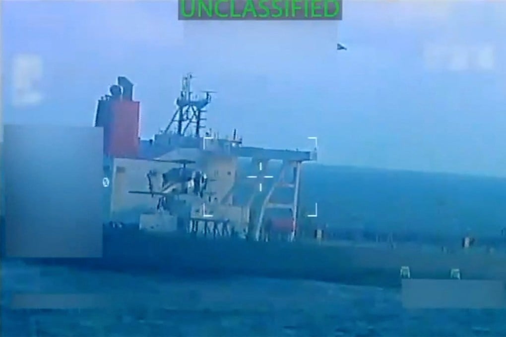 The tanker as it was being seized by US forces off the coast of Venezuela this week. Photo: US Attorney General Pam Bondi’s X account via Reuters