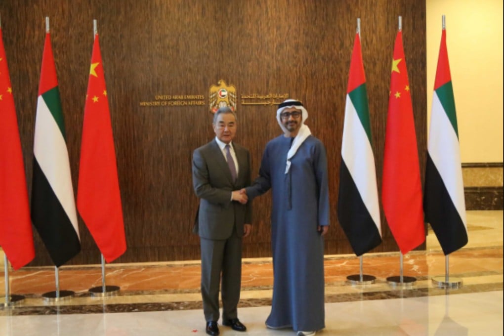 Chinese Foreign Minister Wang Yi with Emirati counterpart Sheikh Abdullah bin Zayed Al Nahyan, in Abu Dhabi on Friday. Photo: Handout