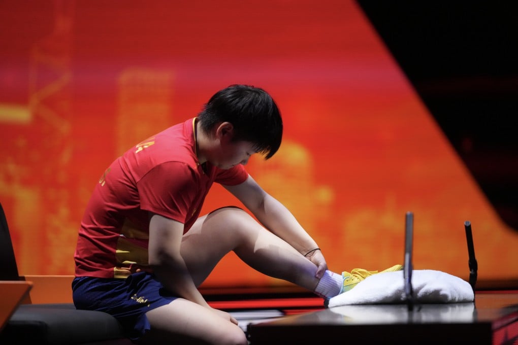 Sun Yingsha sat through several medical time-outs on Saturday before finally withdrawing from the semi-final. Photo: Xinhua