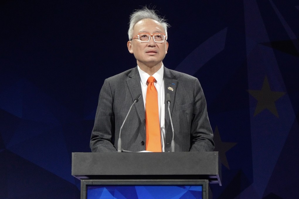 Francois Wu, Taiwan’s deputy foreign minister, delivers a speech at the Berlin Security Conference in Germany on November 19. Photo: CNA