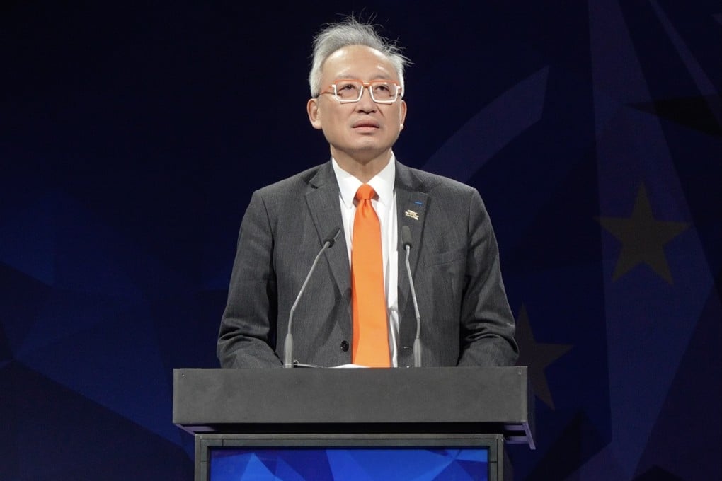 Francois Wu, Taiwan’s deputy foreign minister, delivers a speech at the Berlin Security Conference in Germany on November 19. Photo: CNA