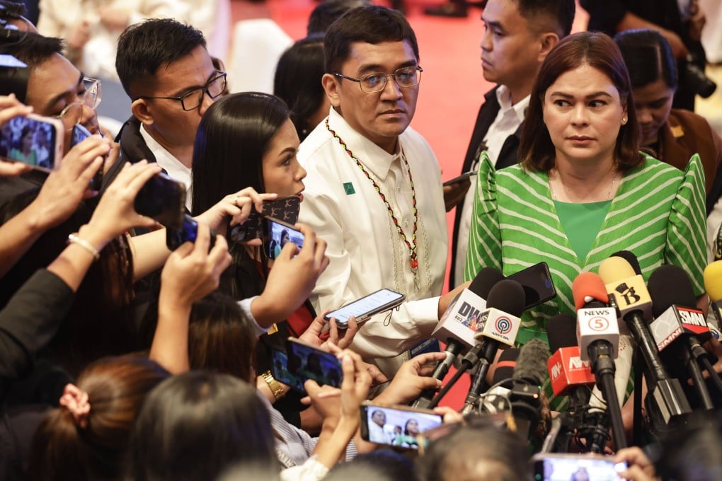 Philippine Vice-President Sara Duterte listens to questions from journalists during an event marking the 90th anniversary of the Office of the Vice President in Makati City, Metro Manila, on November 14. Duterte is facing a plunder complaint linked to her use of confidential funds. Photo: EPA-EFE