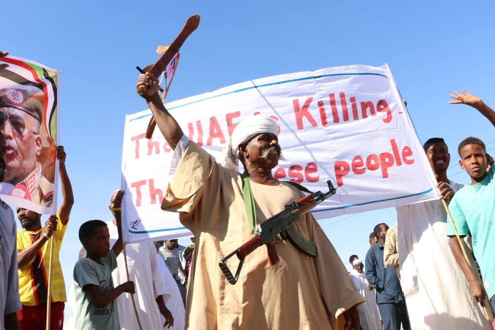 Protesters take part in a rally in support of the Sudanese Army and against the paramilitary Rapid Support Forces in Merowe on Saturday. Photo: EPA
