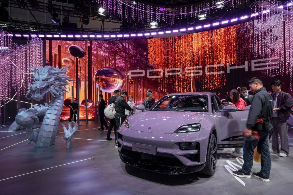 Porsche’s all-electric Macan Turbo sports car is displayed at the 17th Beijing International Automotive Exhibition (Auto China 2024) on April 23, 2025. Photo: Shutterstock