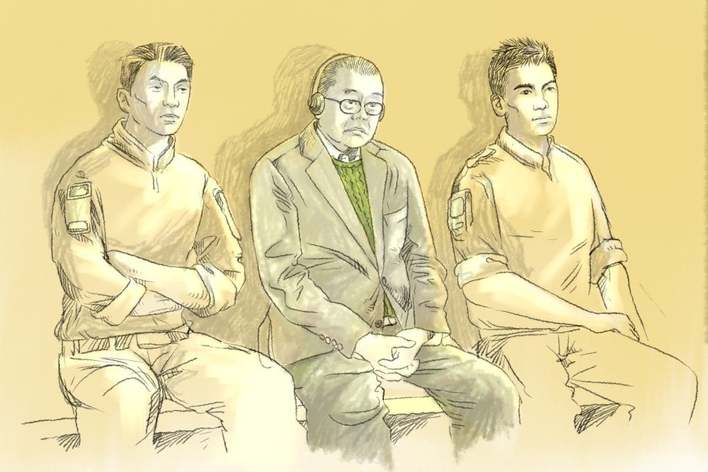 In this courtroom sketch, Jimmy Lai sits flanked by prison guards on Monday. Illustration: Victor Sanjinez