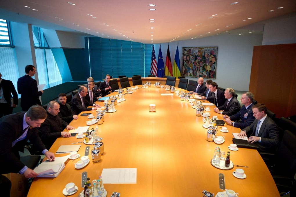 Ukraine’s President Volodymyr Zelensky and German Chancellor Friedrich Merz at a meeting with the US delegation in Berlin. Photo: Ukrainian Presidential Press Service via Reuters