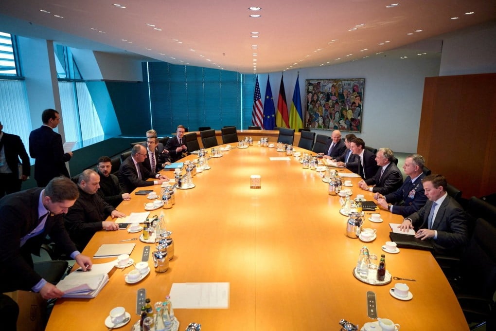 Ukraine’s President Volodymyr Zelensky and German Chancellor Friedrich Merz at a meeting with the US delegation in Berlin. Photo: Ukrainian Presidential Press Service via Reuters