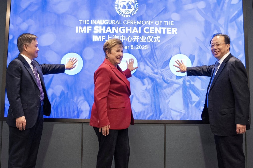 (From left to right) People’s Bank of China Governor Pan Gongsheng, International Monetary Fund Managing Director Kristalina Georgieva, and Shanghai Mayor Gong Zheng mark the launch of the IMF’s Shanghai Centre on December 8. Photo: Handout