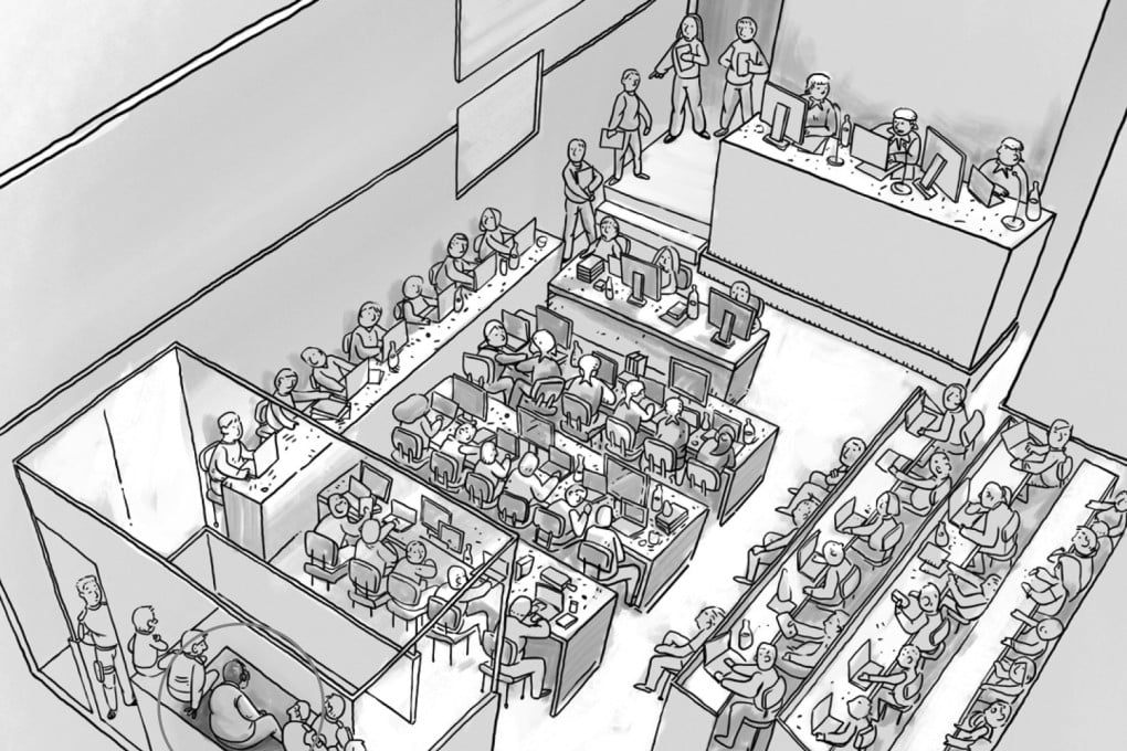 The scene inside the court on Monday as Jimmy Lai learned his fate. Illustration: Victor Sanjinez