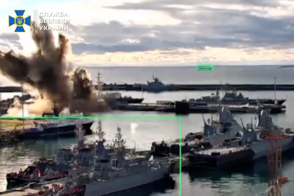 Footage released by the Security Service of Ukraine shows what it says is a strike on a Russian submarine at a port facility, in Novorossiysk, Krasnodar Region, Russia. Photo: Security Service of Ukraine via Reuters