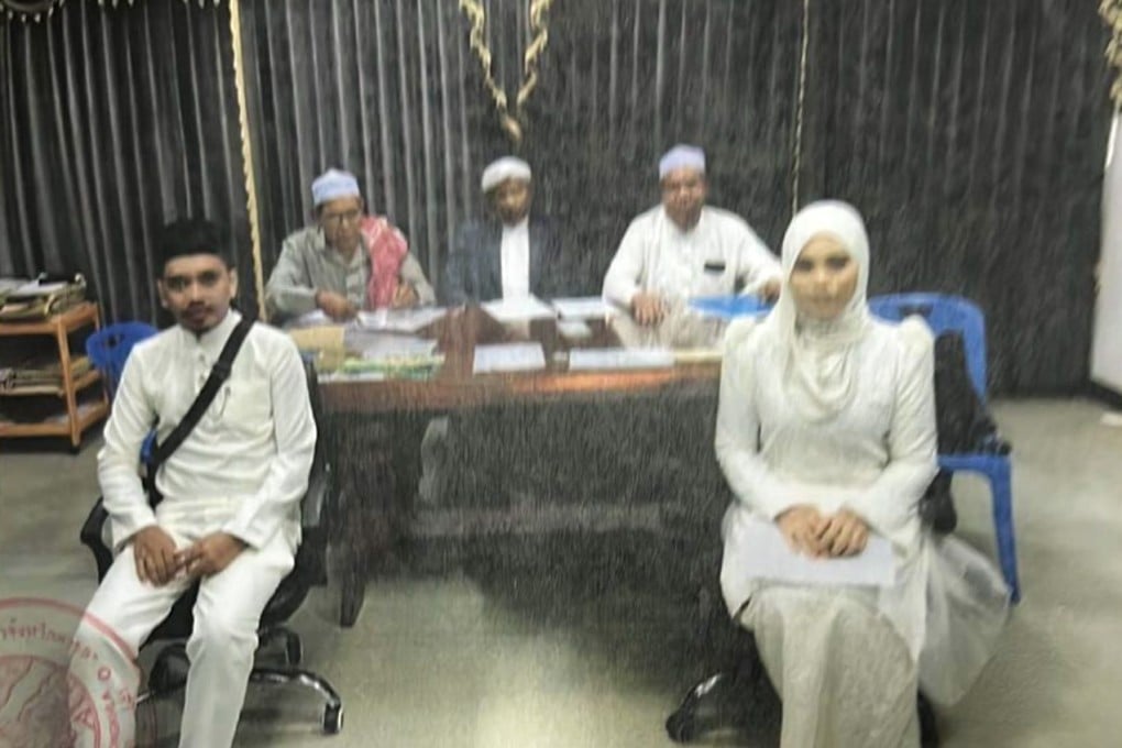 Images shared online purporting to show a couple seated before religious officials, which were cited in a social media post alleging a woman had married a second man in Thailand. Malaysia’s religious authorities have confirmed that the woman was not a bigamist. Photo: Facebook/Ekin Derahim