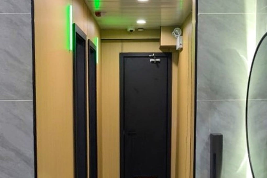The camera at a branch of a fitness chain was positioned on the ceiling above the door facing three restrooms, one of which was doorless. Photo: Handout