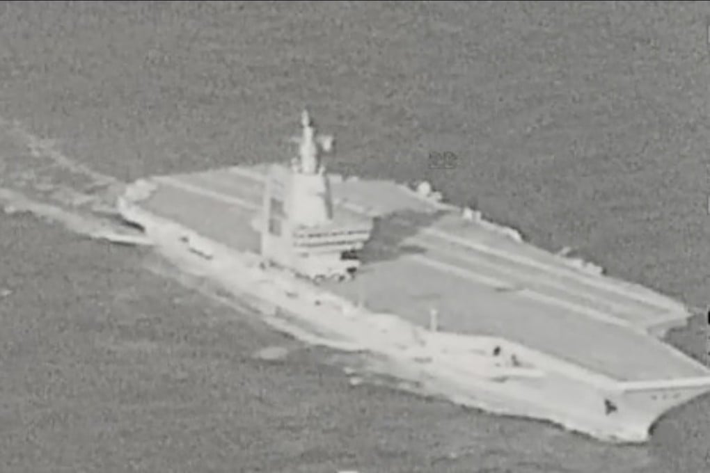 A surveillance photograph of the Fujian shows no sign of carrier-based aircraft on the vessel’s flight deck during the transit. Photo: Taiwanese Ministry of National Defence