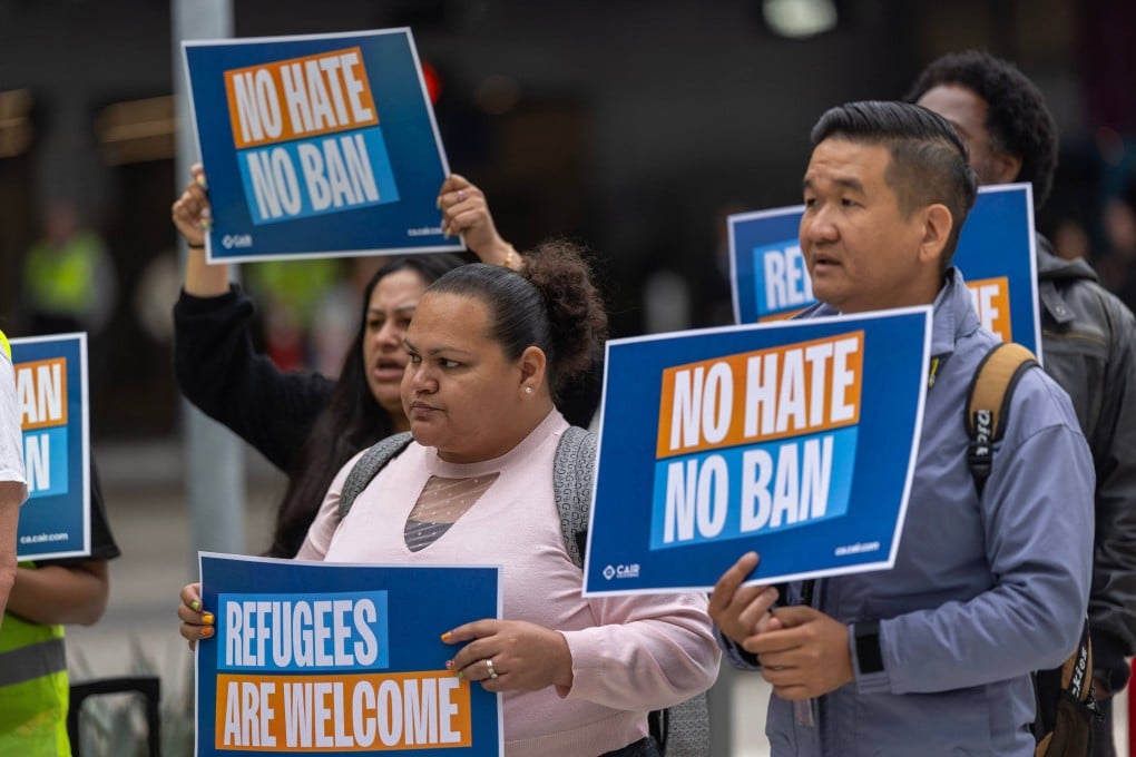 People protest at Los Angeles International Airport in June, on the first day of the Trump administration’s full ban against travel from 12 countries and a partial ban on seven others. Photo: AFP