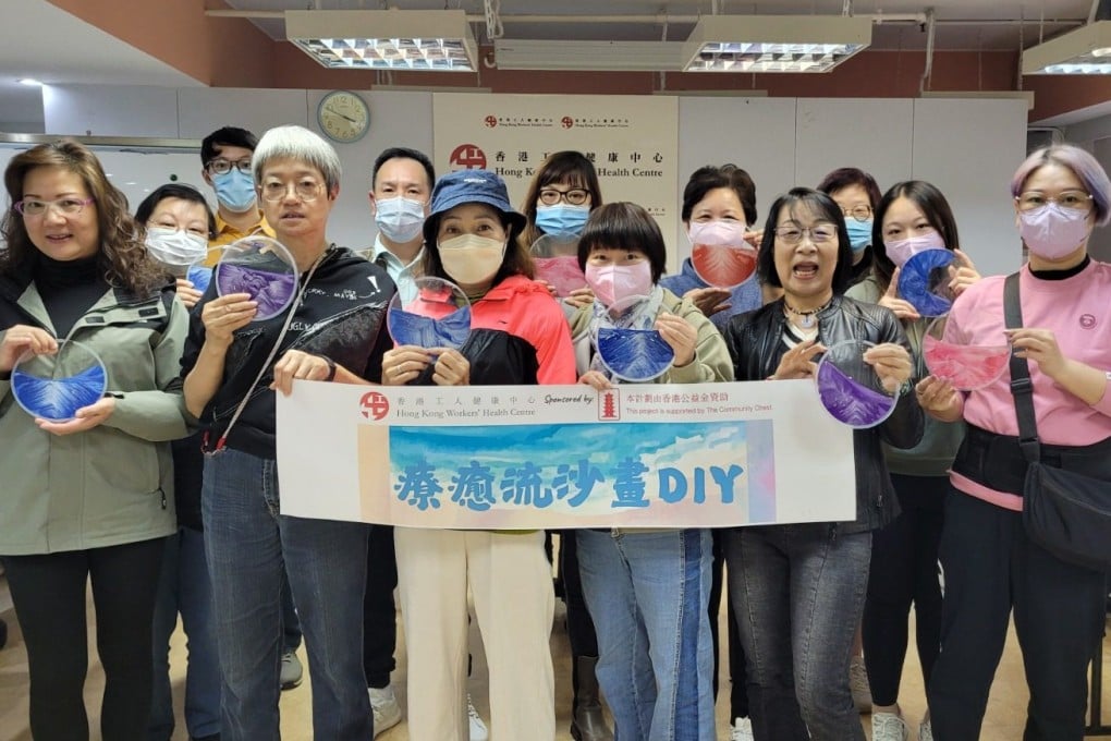 A group of injured workers show off their creations in a sand art therapy workshop held at Hong Kong Workers’ Health Centre. Photo: Hong Kong Workers’ Health Centre