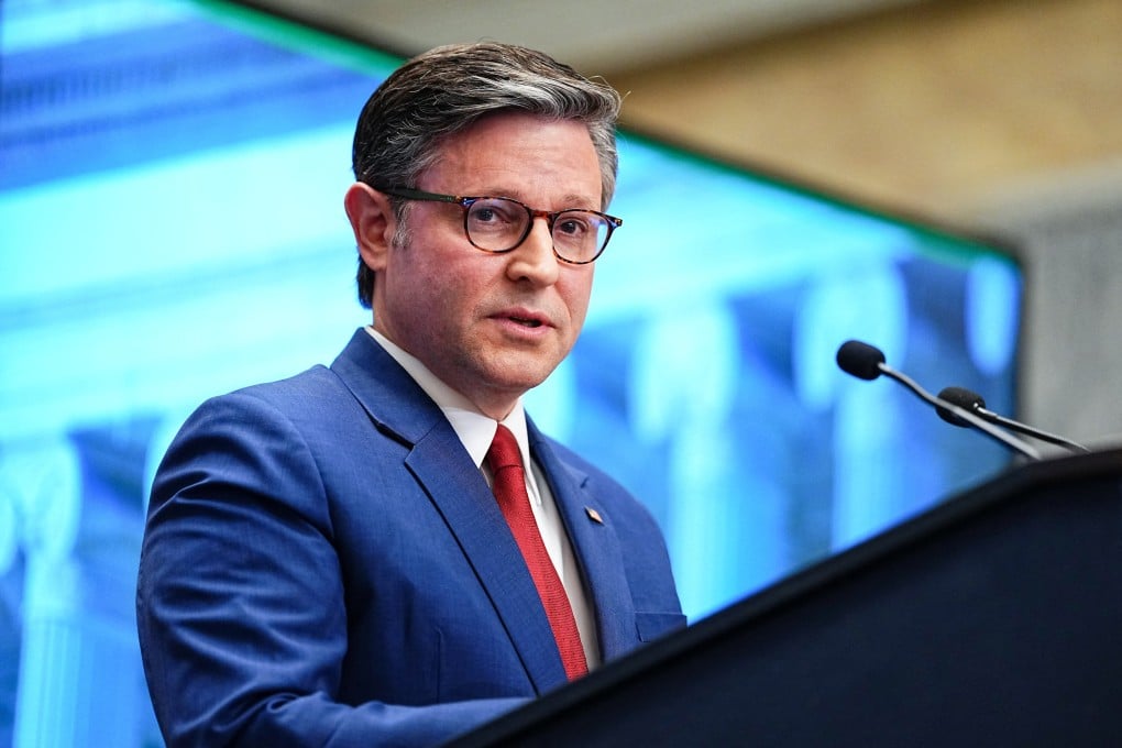 US Speaker of the House of Representatives Mike Johnson speaks during a press conference in Washington on Wednesday. Photo: Reuters