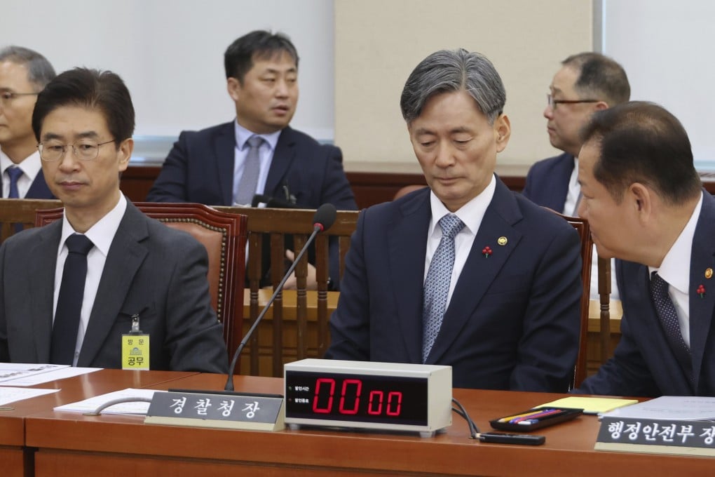 Interior Minister Lee Sang-min (right), Police Commissioner Cho Ji-ho (centre), and Seoul Police Chief Kim Bong-sik at the National Assembly in Seoul, South Korea in December 2024. Photo: AP