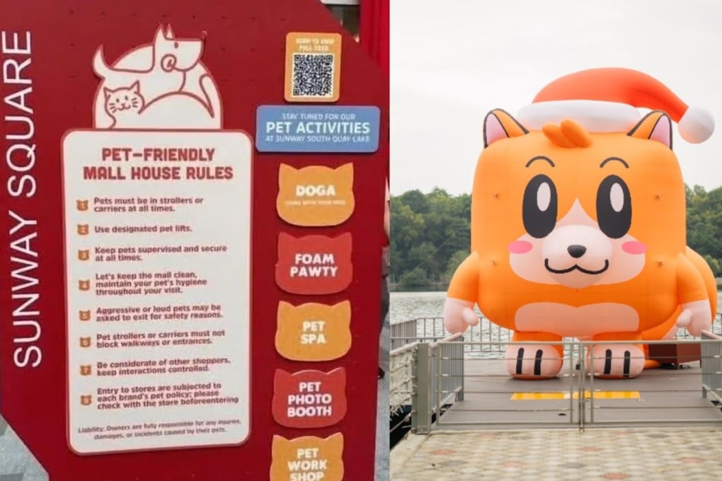 A sign outlining Sunway Square Mall’s pet-friendly house rules, and a dog-themed installation at the Selangor shopping complex. The mall has since barred pets from enclosed indoor areas following a backlash online. Photos: Facebook/Sunway Square Mall