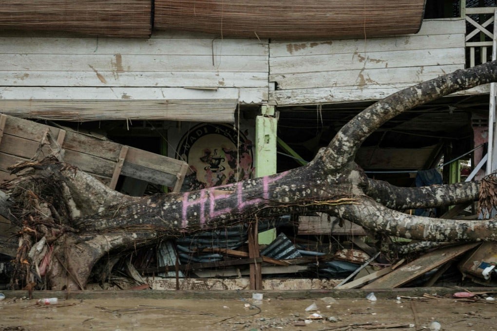 A fallen tree spray painted with “Help” lies among debris in Aceh Tamiang, northern Sumatra, on Tuesday in the aftermath of last month’s flash floods. Photo: AFP
