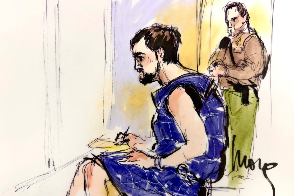 Nick Reiner, wearing a blue protective vest, makes his first court appearance in Los Angeles on Wednesday. Courtroom sketch: Mona Edwards via Reuters
