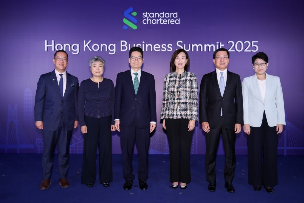 From left: Kevin Huang, chief operating officer for SCMP; Helen Hui, head of coverage, Hong Kong and Greater China for corporate and investment banking, Standard Chartered; Joseph Chan, the Hong Kong government’s Under Secretary for Financial Services and the Treasury; Mary Huen, Standard Chartered’s CEO for Hong Kong, Greater China and North Asia; Fred Lam, chairman, Airport Authority Hong Kong; and Sophia Chong, executive director of the Hong Kong Trade Development Council and a main judge for the bank’s Corporate Achievement Awards.