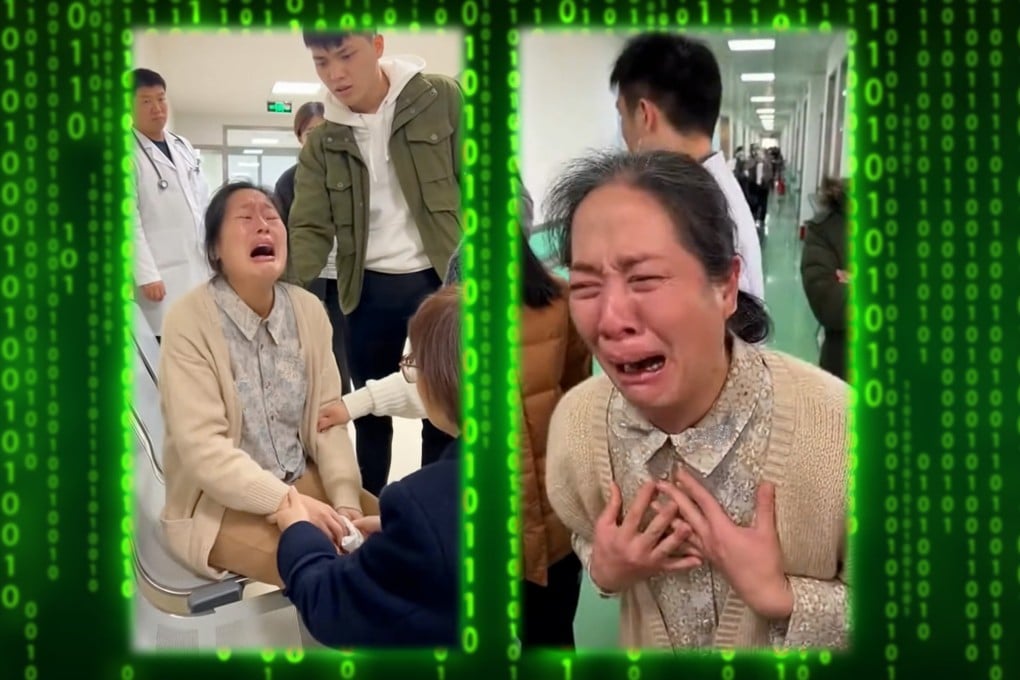Parents in China are sharing artificial intelligence-generated videos of distraught middle-aged single women crying in a bid to encourage their children to get married. Photo: SCMP composite/Shutterstock/Douyin