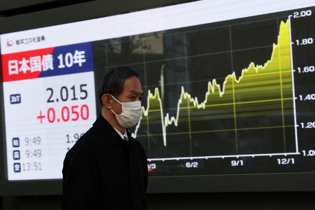 A man passes a screen in Tokyo showing Japan’s 10-year bond level after the Bank of Japan raised interest rates on Friday. Photo: Reuters