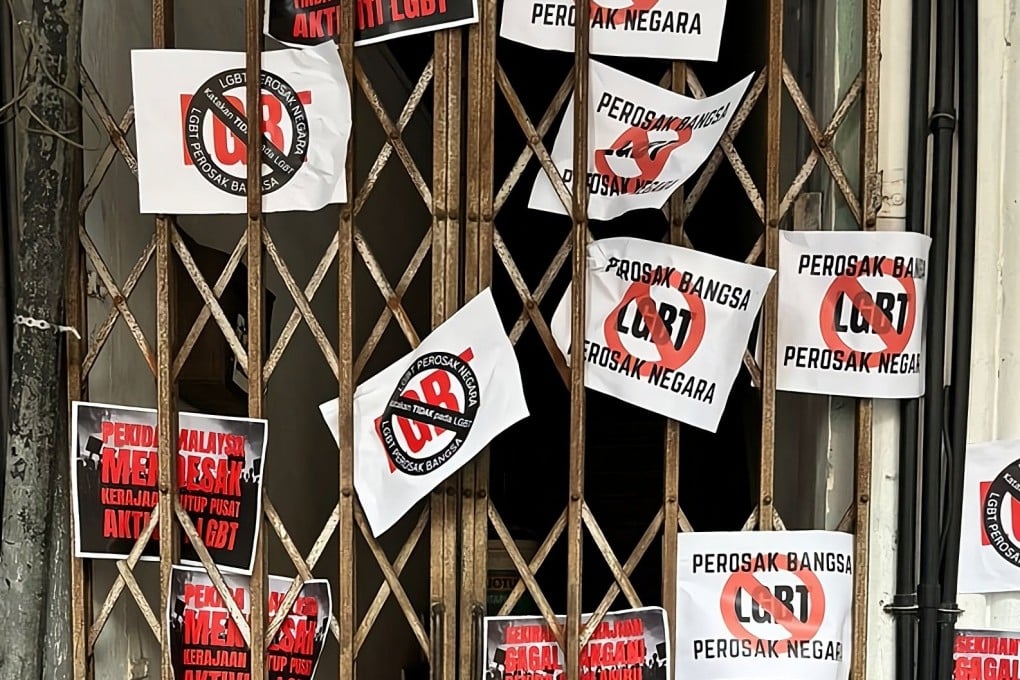 “Anti-LGBT” and “nation destroyer” stickers are seen plastered outside the entrance of a men’s only spa in Chow Kit, Kuala Lumpur, by a Malay nationalist group after the venue was raided by police in November. Photo: Facebook/pekidamalaysiarasmi