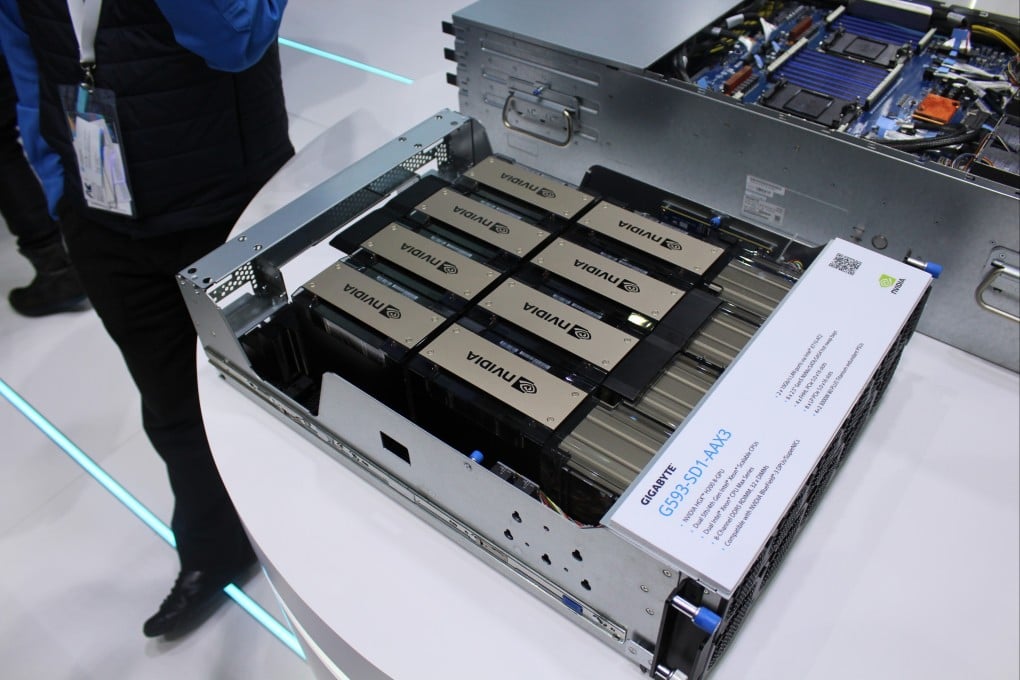 A high-performance server equipped with Nvidia’s H200 graphics processing units seen at an event in Barcelona, Spain, earlier this year. Photo: Shutterstock
