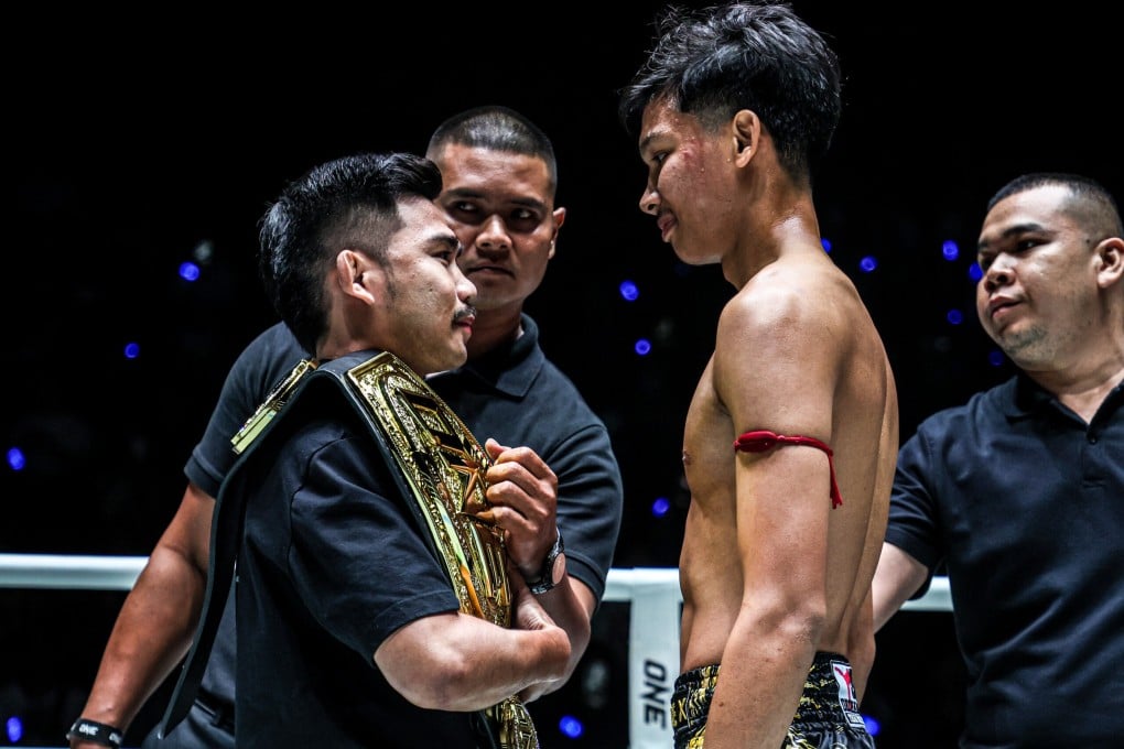 Aliff Rakib (right) will take on strawweight Muay Thai champion Prajanchai (left) for the ONE Championship world title in February. Photo: ONE Championship