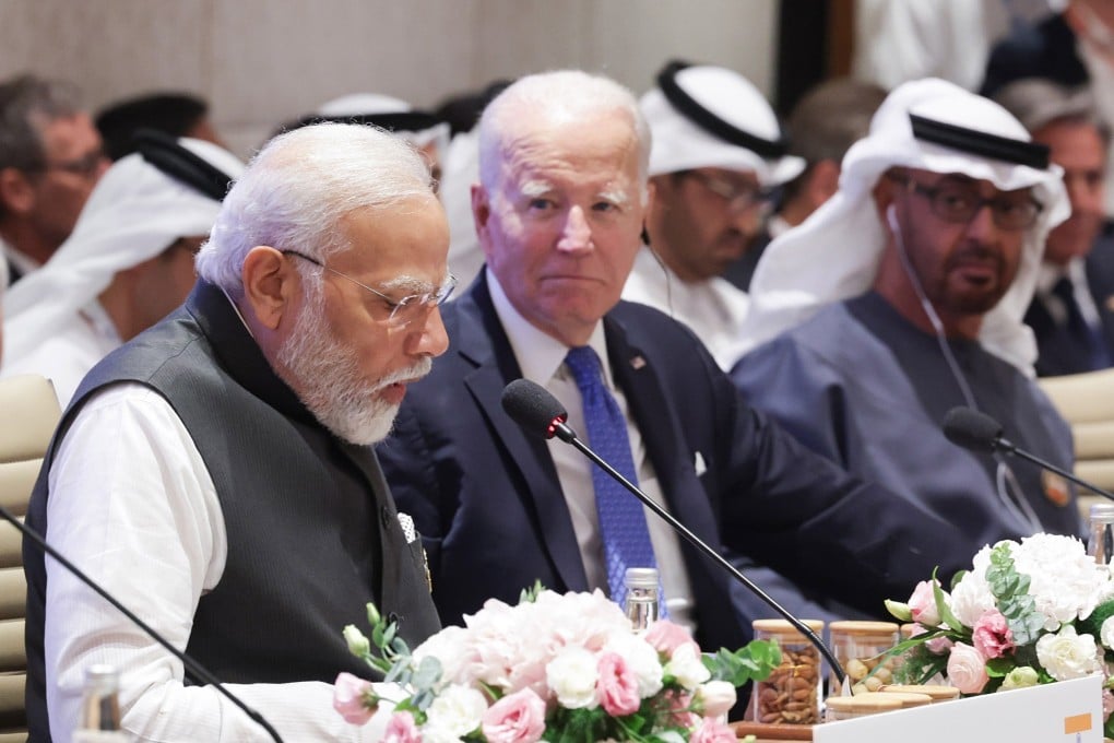 Indian Prime Minster Narendra Modi (left) and then US President Joe Biden attend the Partnership for Global Infrastructure and Investment and India-Europe-Middle East Corridor meeting on September 9, 2023.
Photo: Indian Press Information Bureau/EPA-EFE