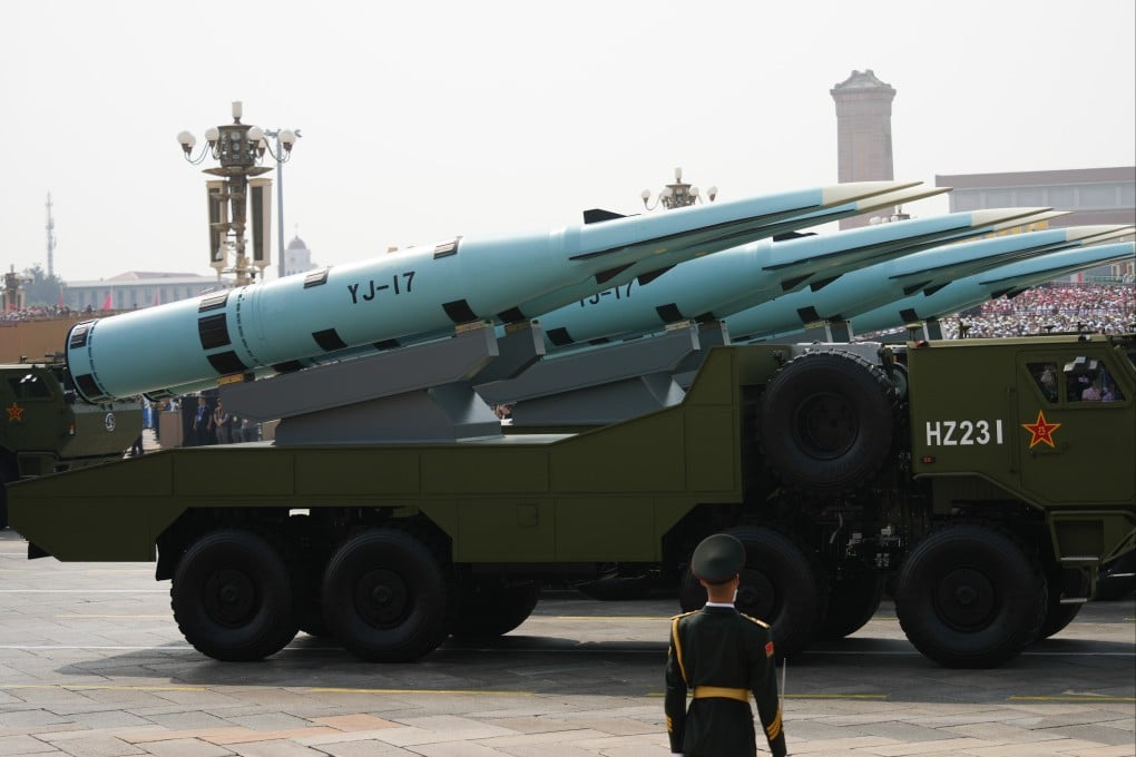 The PLA’s YJ-17 hypersonic anti-ship missile is displayed during a military parade in Beijing on September 3. A recently leaked Pentagon report says Beijing has amassed an arsenal of around 600 hypersonic weapons. Photo: Eugene Lee