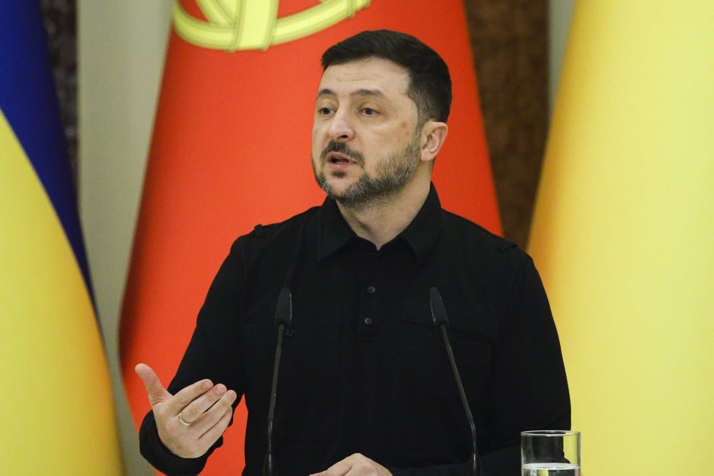 Ukrainian President Volodymyr Zelensky speaks during a press conference in Kyiv on Saturday. Photo: EPA