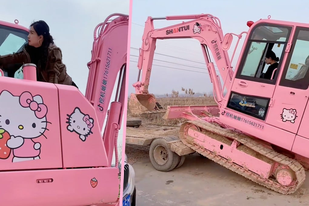 An excavator operator in China has painted her digger bright pink with Hello Kitty decorations, making it stand out on the construction site. Photo: Douyin