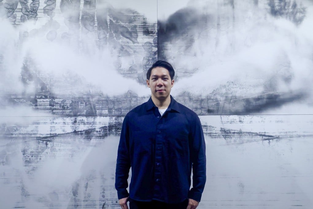 Artist Hung Fai stands in front of his work Traces XI (2025) at “A Veiled Revelation”, his new exhibition at Grotto Fine Art in Shau Kei Wan, Hong Kong. The solo exhibition is a disruption of his usual control in his work. Photo: Jonathan Wong
