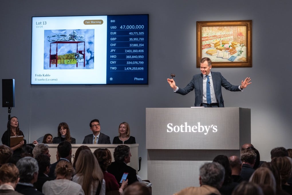Mexican artist Frida Kahlo’s 1940 work El sueño (La cama) sells at Sotheby’s new home at the Breuer in New York for US$54.7 million including fees on November 20, 2025. Photo: Julian Cassady