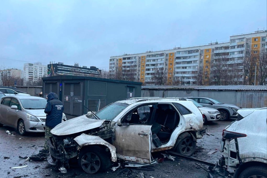 The aftermath of the car bombing that killed Lieutenant General Fanil Sarvarov. Photo: Russia’s Investigative Committee via Reuters