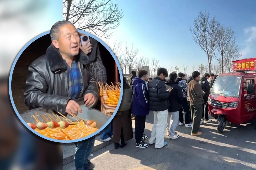 Long queues have formed at a food stall in China in support of a vendor whose son died of cancer, leaving him with three young children. Photo: RedNote
