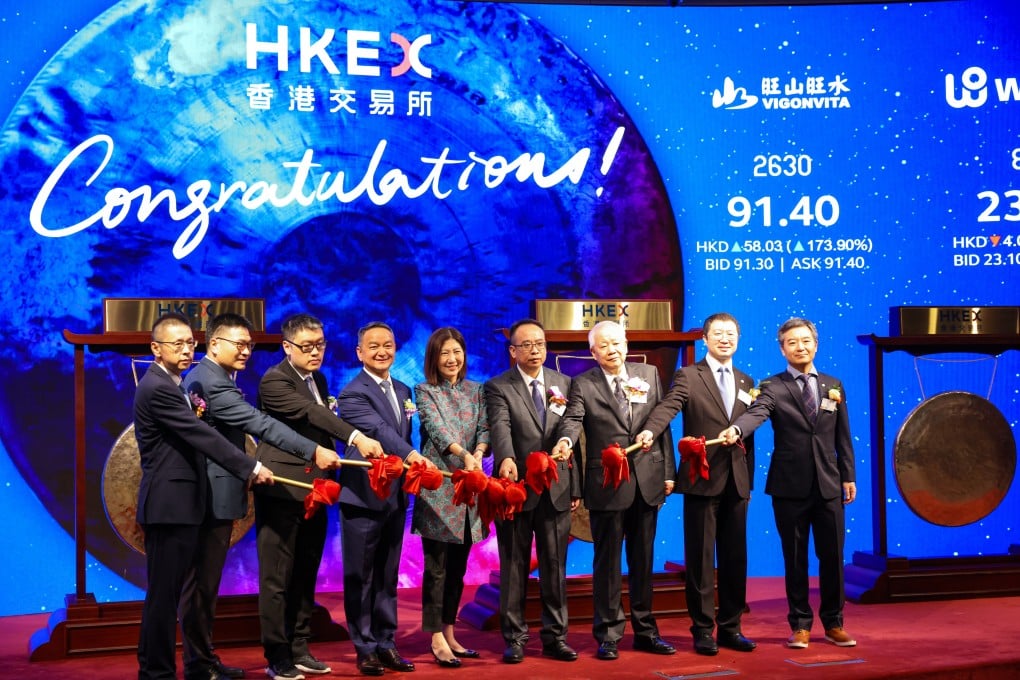 HKEX CEO Bonnie Chan Yiting with the senior management of Ningbo Joyson Electronic, Pony AI, Vigonvita Life Sciences and WeRide during these companies’ listing ceremony on November 6 this year. Photo: Nora Tam