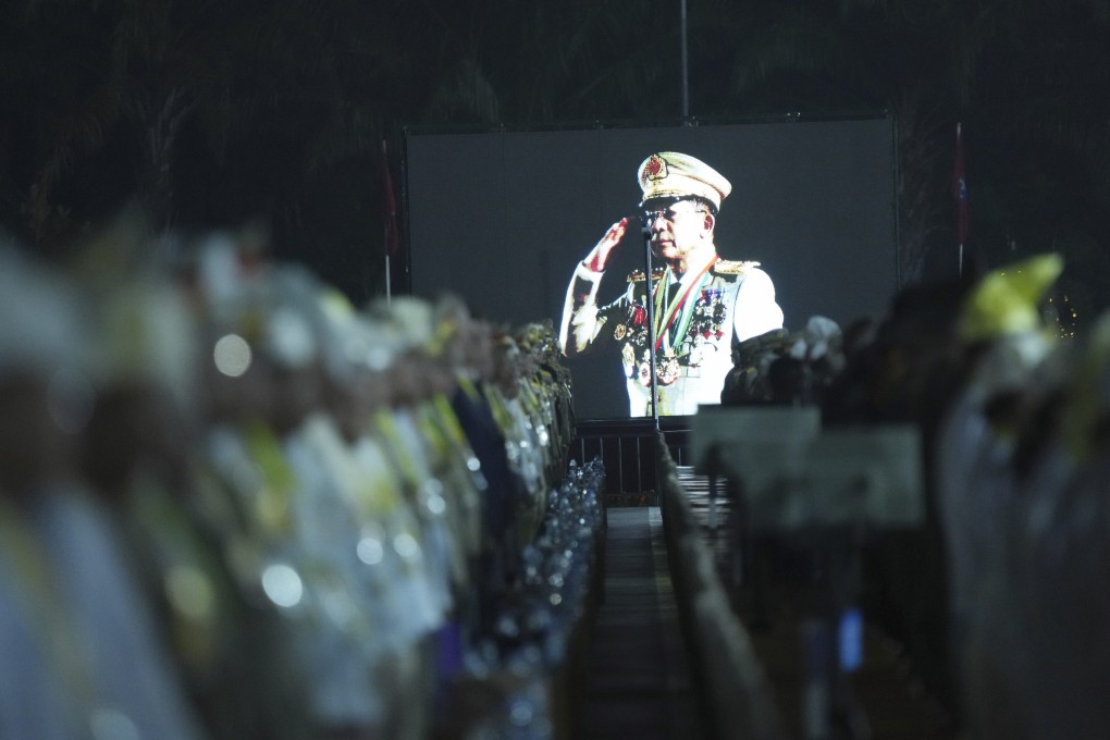 General Min Aung Hlaing, head of Myanmar’s military council, is seen on a screen during a parade in March to commemorate Myanmar’s 80th Armed Forces Day. Photo: AP
