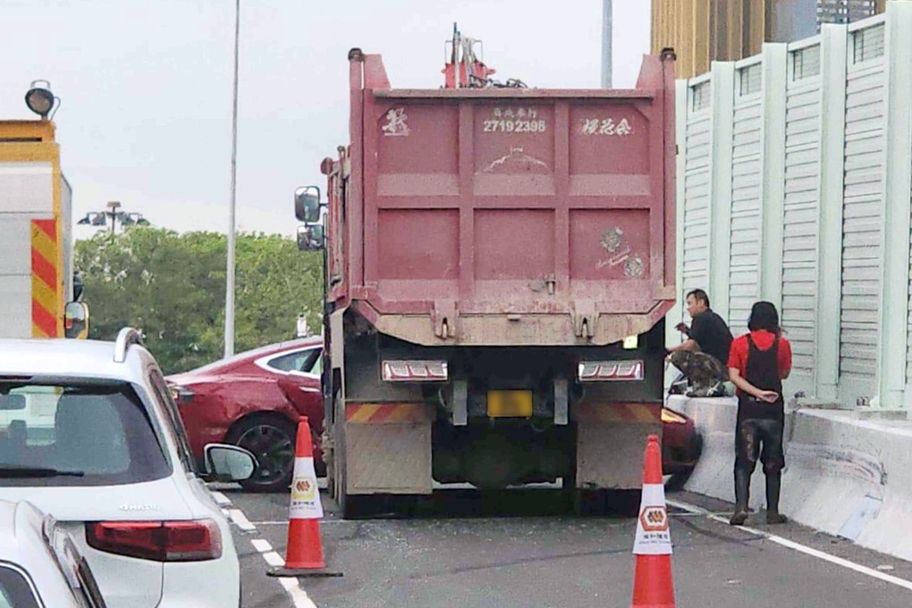 A medium-sized truck and a car collided while both vehicles were heading west towards Kwai Chung. Photo: Handout