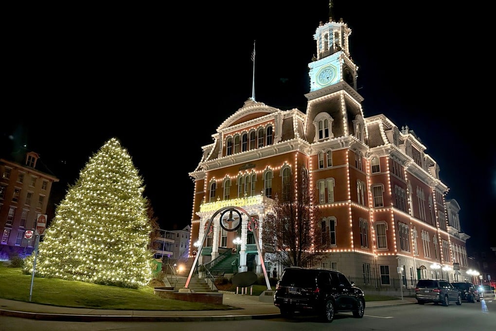 Norwich City Hall is decorated for the annual “Light Up City Hall” event in Norwich, Connecticut, on December 5, 2025. Scenes from the 2021 Hallmark movie Sugar Plum Twist were filmed at the hall. Photo: AP