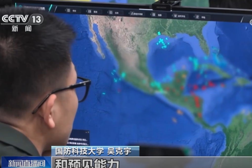 Screen shows red and blue opposing unit “indicators”, represented by aircraft and ships, manoeuvring near the coasts of Cuba and Mexico in footage recorded at a PLA wargaming event held in China’s Henan province. Photo: CCTV