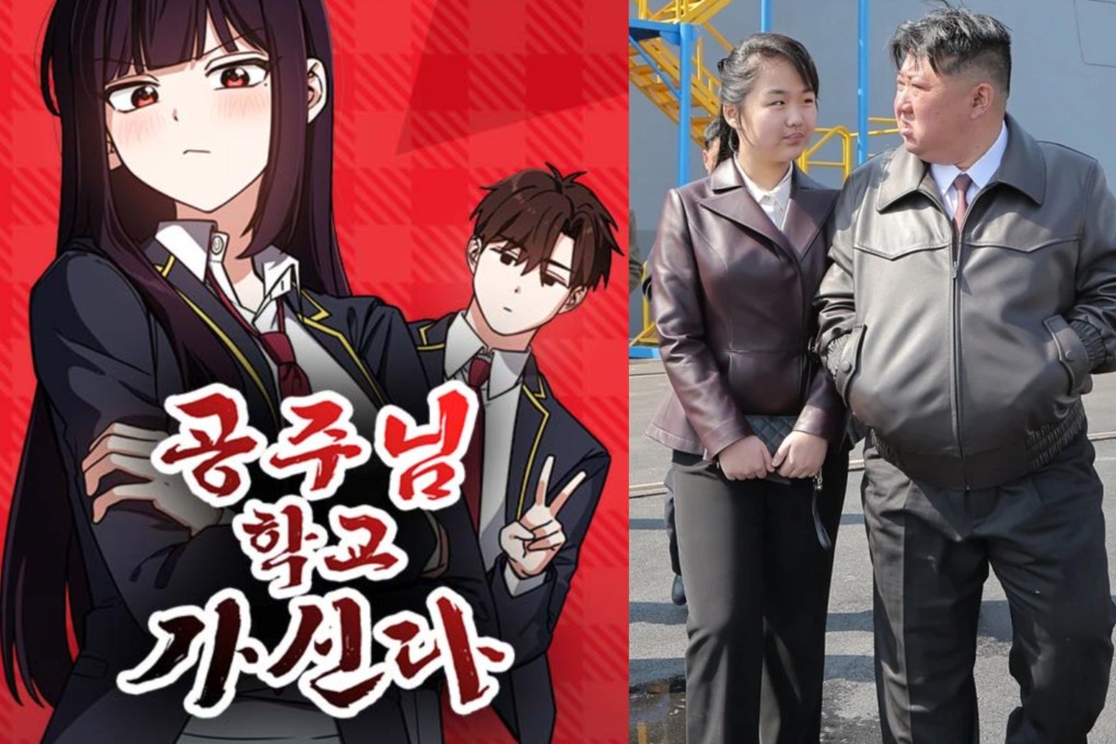 Left: The cover image for Princess Goes to School, a South Korean webtoon on Naver. Right: Kim Jong-un walks with his daughter Kim Ju-ae in April. Photos: Naver, EPA-EFE