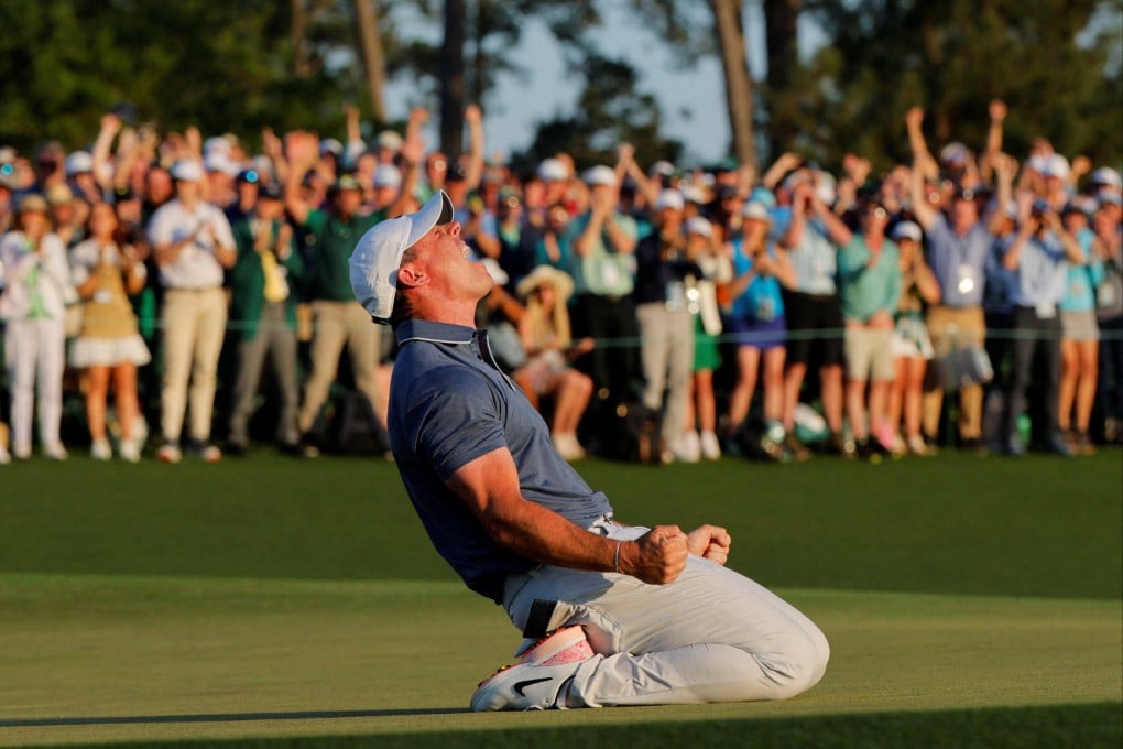 Northern Ireland’s Rory McIlroy celebrates with relief on the 18th green and 1st play-off hole after winning the US Masters and completing a career grand slam. Photo: Reuters