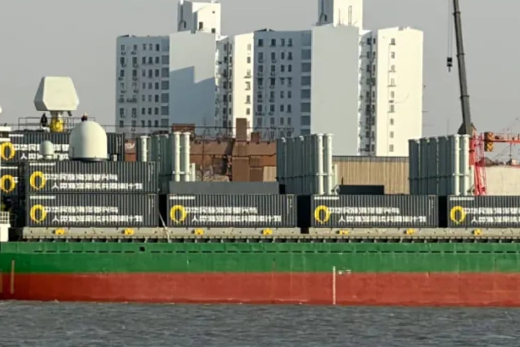 Images of a cargo ship in Shanghai carrying containerised vertical launchers, sensors and self defence systems have gone viral online. Photo: Wexin