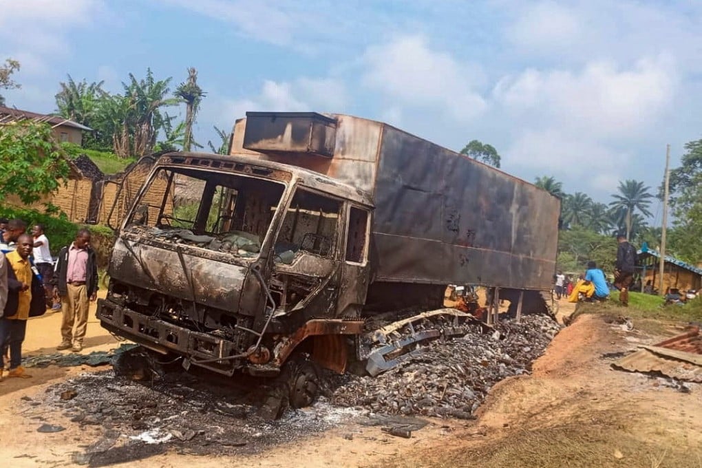 A charred wreckage of a truck following an attack by Islamic State-affiliated Allied Democratic Forces rebels, in the town of Ntoyo in eastern Democratic Republic of Congo, in September. Photo: Reuters
