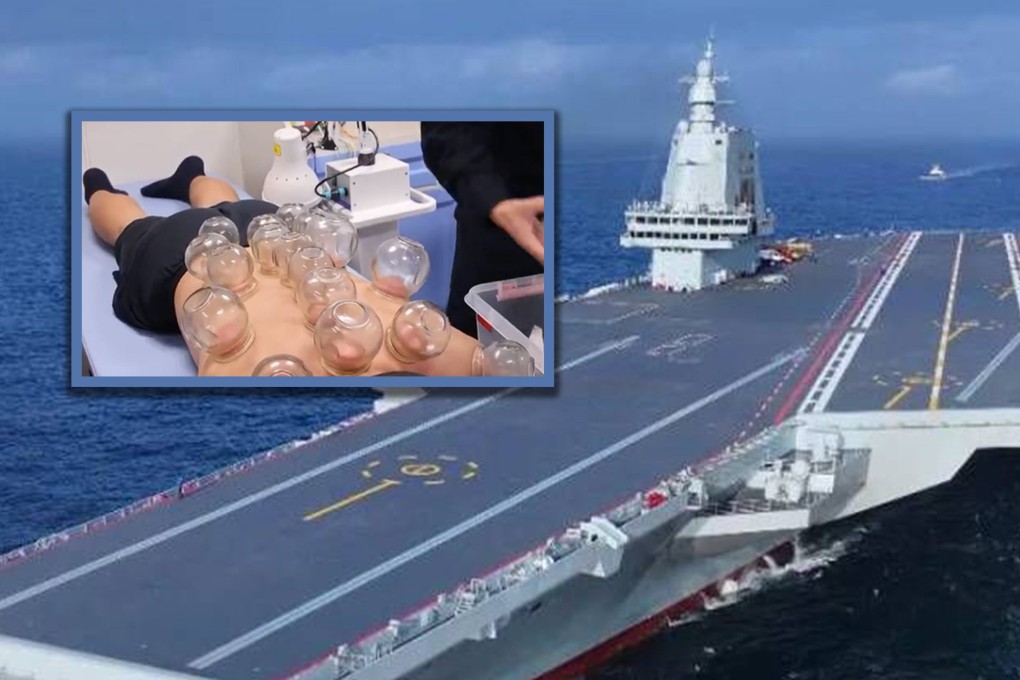 China’s most advanced aircraft carrier, Fujian, has made an exception for the use of naked flames on board to accommodate a traditional Chinese medicine treatment. Photo: SCMP composite/Sohu/Chinese Ministry of Defense