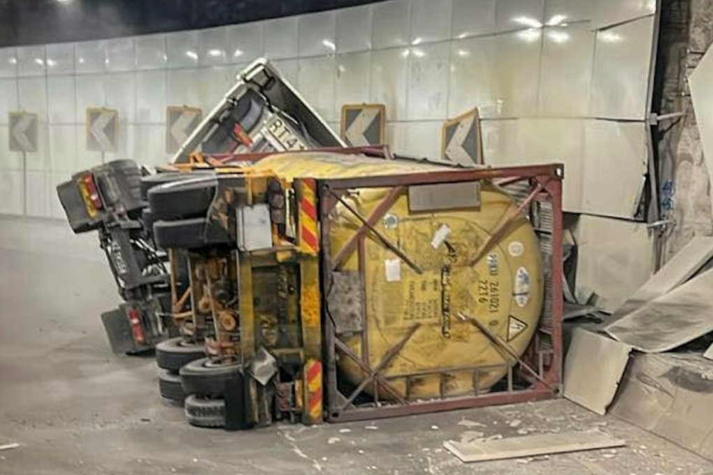 The fuel truck tipped over in Tseung Kwan O–Lam Tin Tunnel on Saturday afternoon. Photo: Handout