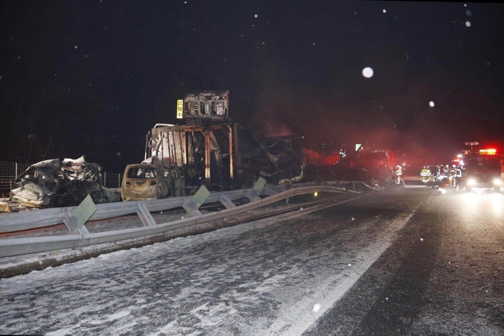 A damaged median and a vehicle pile-up on the Kan-etsu Expressway in Japan’s Gunma prefecture on Saturday. Photo: Kyodo